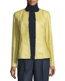 Maris Split-Neck Lambskin Leather Jacket, Plantain