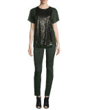 Sequined Mesh-Overlay Tee, Fir