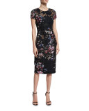 Short-Sleeve Floral Embroidered Sheath Dress, Black