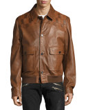 Leather Patchwork-Yoke Blouson Jacket, Sand/Tan