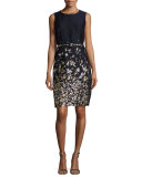 Floral-Embroidered Sleeveless Sheath Dress, Navy/Gold