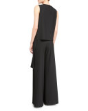 Sleeveless Jewel-Neck Draped Top, Black