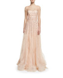 Short-Sleeve Beaded Tulle Illusion Gown, Blush