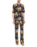 Viewpine Distressed Floral-Print Silk Pants