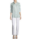 Brody Sheer-Grid Linen Long-Sleeve Blouse