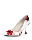 Floral-Appliqué Pointed-Toe 85mm Pump, White/Lacquer (Bianco/Lacca)