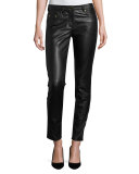 Napa Leather-Front Cropped Combo Pants, Black