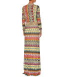 Striped-Trim Long-Sleeve Deep-V Gown, Multi