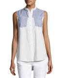 Striped-Combo Sleeveless Shirt, Blue Pattern