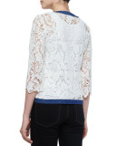 3/4-Sleeve Crochet Cardigan W/ Denim Trim 