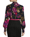 Long-Sleeve Floral Tie-Neck Top, Multicolor