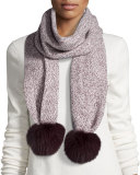 Marled Cashmere Fur Pompom Scarf, Plum