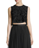 Embellished Floral-Embroidery Crop Top, Black/Black