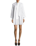 Long-Sleeve Pinstriped Poplin Tunic/Dress, Ivory