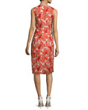 Sleeveless Jewel-Neck Lace Sheath Dress, Vermillion