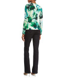 Long-Sleeve Leaf-Print Cardigan, Multi/Green