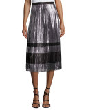 Metallic Pleated A-Line Midi Skirt, Silver