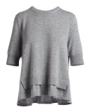 Layered-Hem Short-Sleeve Sweater, Heather Gray