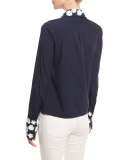 Floral-Appliqué Poplin Blouse, Navy