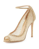 Gemma Crystal Peep-Toe Ankle-Strap Pump, Gold