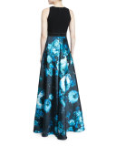 Sleeveless Wool & Floral Satin Combo Gown, Black/Turquoise