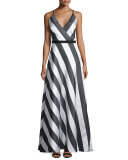 Sleeveless A-line Striped Dress, Black/Multi