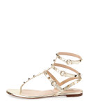 Rockstud Metallic Ankle-Wrap Thong Sandal, Platino