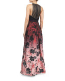 Sleeveless Floral Ombre Gown, Black/Crimson