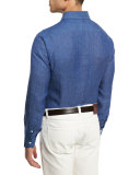 Mini Diamond-Print Linen Sport Shirt, Blue