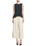 Striped Twill Wide-Leg Cropped Pants, Bone/Marine