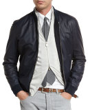 Reversible Leather & Wool Bomber Jacket, Navy