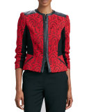 Textured Jacquard Leather-Trim Jacket