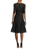 Scalloped Floral Lace Cocktail Dress, Black/Gold