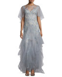 Embellished Evening Gown W/Cape, Light Blue