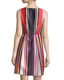 Printed Striped V-Neck Satin Dress, Red Multi