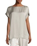 Lori Short-Sleeve Satin Blouse, Khaki