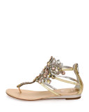 Jewel-Embellished Flat Thong Sandal, Platinum/Rose Gold