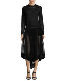 Silk Tulle Fishtail Skirt w/Eyelet Hem, Black