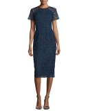 Short-Sleeve Floral-Lace Sheath Dress, Navy