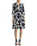 Ella 3/4-Sleeve Floral Ottoman Dress, Blue