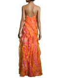 Sleeveless Floral Silk Ruffle Gown, Coral