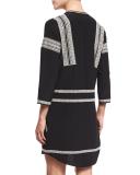 Ignacio 3/4-Sleeve Embroidered Silk Dress, Black
