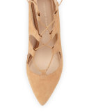 Leila Suede Lace-Up Pump, Almond