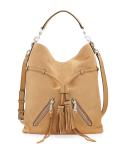 Large Moto Drawstring Crossbody Bag, Beige