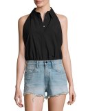 Sleeveless Washed Poplin Bodysuit, Black