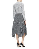 Priscilla Long-Sleeve Foulard-Print Dress, Natural White/Black