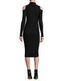 Cold-Shoulder Ribbed Merino Midi Dress, Black