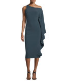 One-Shoulder Draped-Ruffle Midi Dress, Lake