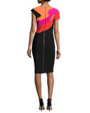 Short-Sleeve Cutout Colorblock Sheath Dress, Black/Rainbow