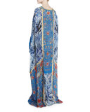 Printed Chiffon V-Neck Long Caftan, Blue Pattern